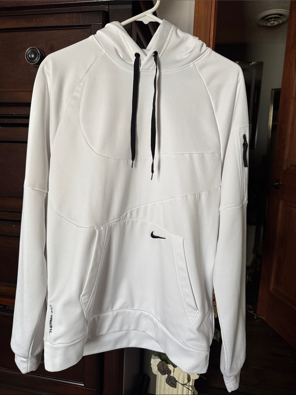 Nike White Hoodie with Black Drawstrings and Swoosh